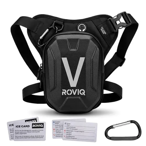 ROVIQ Pernera Moto Unisex, Bolsa Pierna Moto expandible 10-16 cm con 2 Compartimentos, Frontal EVA/PU semirrígido, Bolsillo Ice Card, 2 Ice Cards y mosquetón - Accesorios Moto