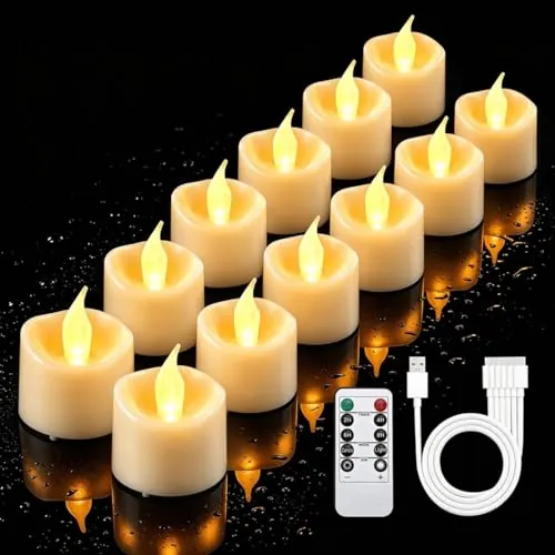 cimetech 12 Velas de Té LED Recargables con Temporizador, Mando a Distancia