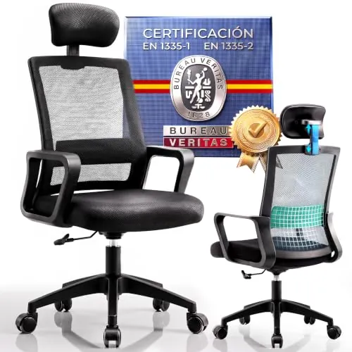 ISMERAL Silla de Oficina | Escritorio o Estudio Ergonómica con Ruedas | Reposacabezas y Reposabrazos Ajustables | Soporte Lumbar (Acolchado Arriba, NO reclinables)
