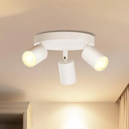 LVWIT Lámpara Techo Focos con 3 Focos Giratorios GU10, Lámpara de Pared Interior Blanco Ajustables Base Circular, Focos Led Interior Techo Iluminación para Dormitorio Pasillo Cocina (Sin Bombillas).