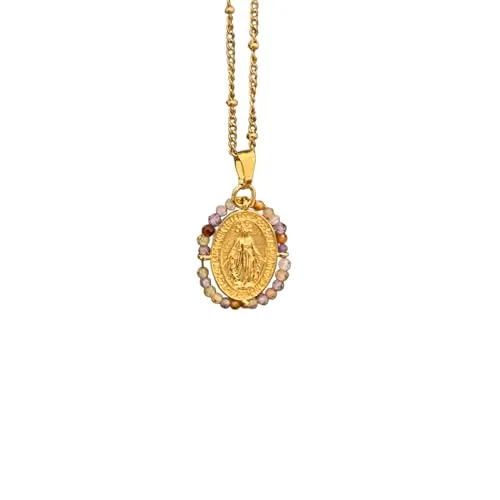Gargantilla bolitas con Virgen Milagrosa de cuentas multicolor. Cadena de acero inoxidable. Regalo para cualquier ocasión: Dia de la Madre, Cumpleaños, Santos, Profesoras, etc.