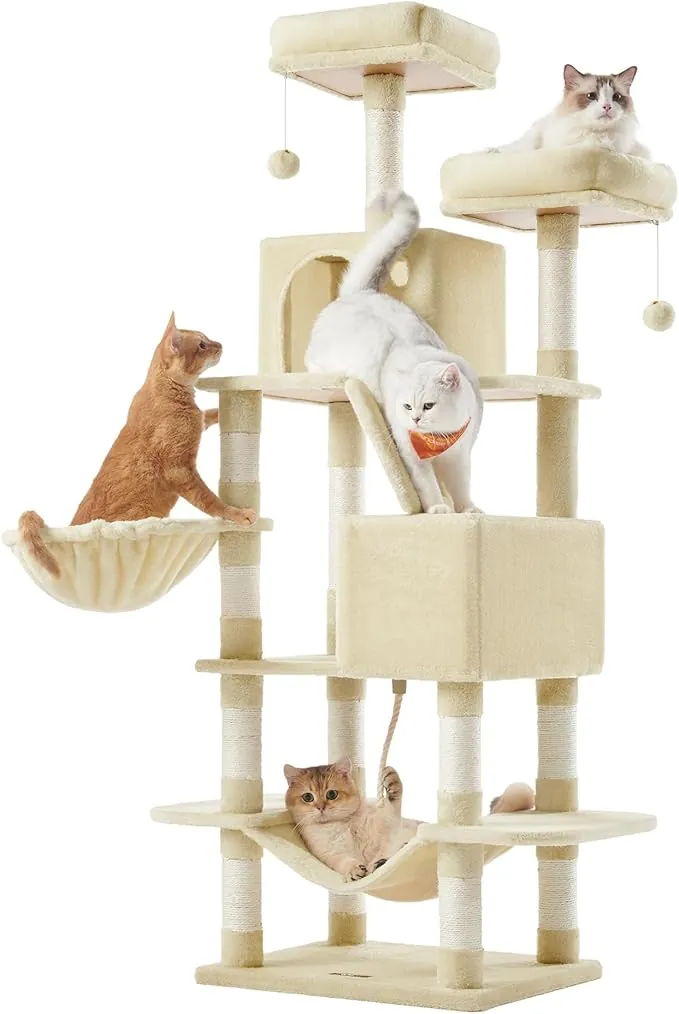 Feandrea Árbol para Gatos Grandes, Torre de Gatos de 168 cm de Altura con 13 Poste, 2 Plataformas, 2 Cuevas, Cesta, Hamaca, Pompón, Rascador Multinivel, Beige PCT165M01