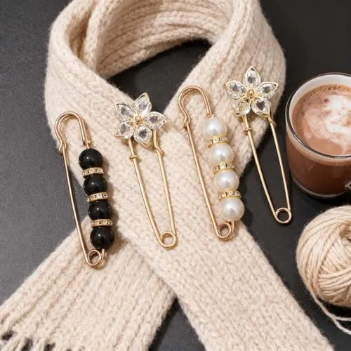 4 broches de seguridad con perlas de imitación de diamantes de imitación para suéteres y chales de moda para mujer
