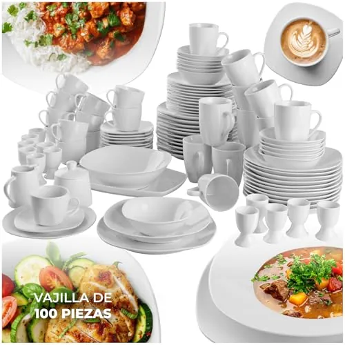 tectake® Juego de Vajilla de Porcelana, 100 Piezas para 12 Personas, Apta para Lavavajillas y Microondas, Platos y Cuencos Apilables, Resistente a Arañazos, Vajilla Completa Ideal para Cocina Moderna