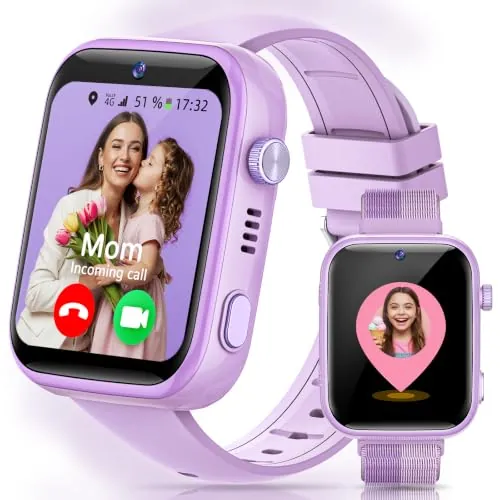 AIMIUVEI 4G Reloj Inteligente Niño con Llamadas, Videollamadas, Chat de Voz, Whatsapp, WiFi, GPS, SOS, SMS, Impermeable IP68, Modo Escuela y Podómetro, Smartwatch Niños con Pantalla HD 1.83'' Púrpura