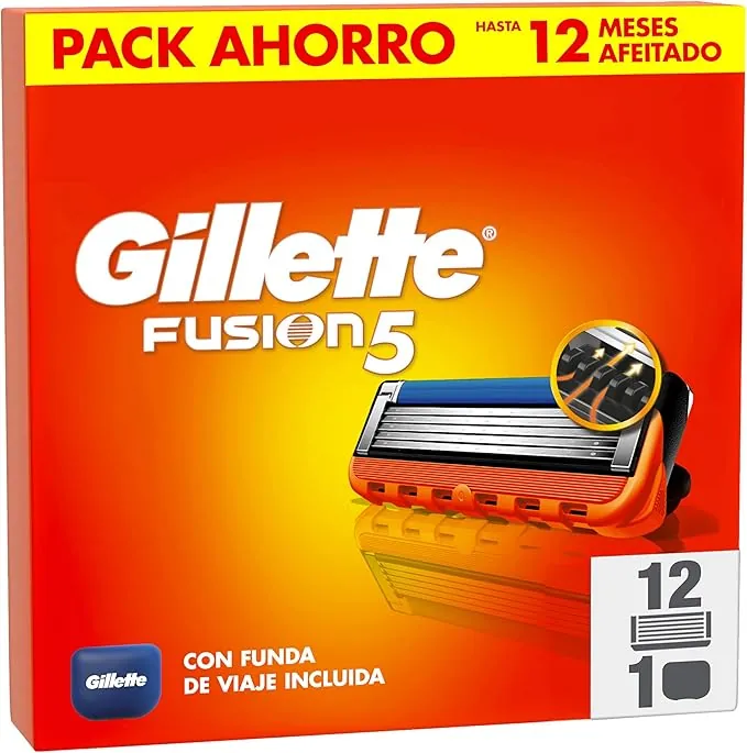 Gillette Fusion5 Recambios para Maquinillas de Afeitar, Pack de 12 Cuchillas de Afeitar con 5 Hojas, Banda de Gel Lubricante Y Recortadora de Precisión