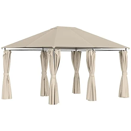 Outsunny Cenador de Jardín 4x3 m Pabellón de Exterior con 6 Paredes Laterales 8 Orificios de Drenaje y Marco de Acero Gazebo para Fiestas Patio Terraza Caqui