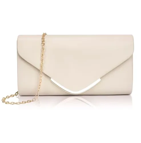 Larcenciel Bolso Fiesta Mujer Nude, Bolsos de Fiesta Tipo Sobre de Piel Vegana con Cadena, Bolso Mujer Bandolera de Moda, Cartera de Mano Crema, Clutch Elegantes para Fiesta Boda Ceremonia, 22x5x12cm