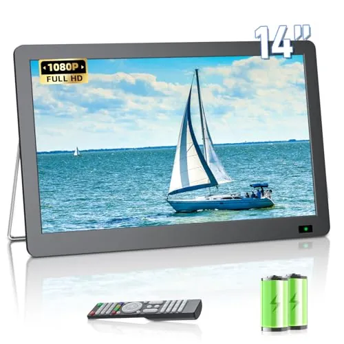 Desobry Televisor portátil de 14,3 Pulgadas con Antena, Pequeño televisor portátil con sintonizador DVB-T2, Mini televisor LCD Que se Carga con Pilas