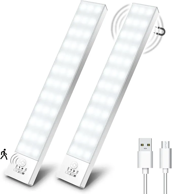OUILA Luz LED Armario Magnética con Sensor Movimiento Blanco Natural 5000K 36 LEDs 4 Modos Luz LED Adhesiva USB Recargable 1000mAh Luce para Cocina, Armario, Escalera, Pasillo, Garaje-2 Piezas