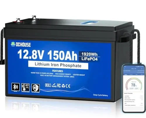 DCHOUSE Batería de litio LiFePO4 de 12V 150Ah con Bluetooth, protección contra bajas temperaturas, 4000–15000 ciclos, batería de litio de ciclo profundo, perfecta para caravanas, sistemas solares