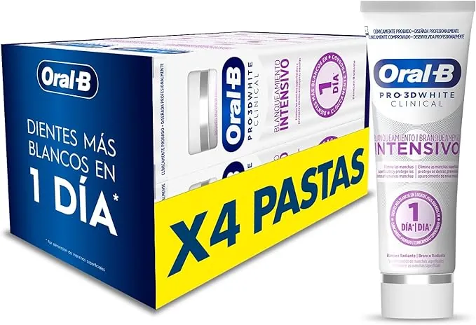 Oral-B Pro 3D White Clinical Blanqueamiento Intensivo Pasta De Dientes Blanqueadora, Elimina Las Manchas Superficiales, Dentífrico Blanqueante Con Sabor a Menta Siempreverde, 75 ml (Paquete de 4)
