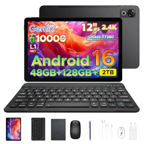 POPUX P12 Tablet 12 Pulgadas, 2.4K 120Hz,48GB RAM + 128GB ROM(TF 2TB),Tablet Android 16, Gemini AI, T7280 Octa-Core, 10000mAh, 13MP+8MP, Face ID, Widevine L1, Tablet con Teclado y Lápiz, Negro