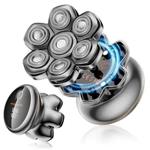 MAXGROOM Afeitadora Cabeza Hombre PRO, Maquina Afeitar Hombre, Afeitadora para Calva en Seco y Húmedo, 140 Mins de Uso, 7 Cabezales, Magnético, 100% impermeable