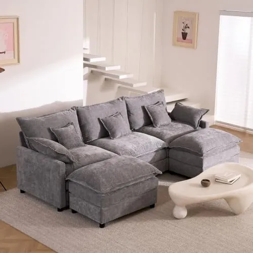 274 cm Sofá 3 Plazas Modular en Forma de U con Pufs Móviles, Gris | Tela de Chenilla, Montaje Requerido, Asiento Profundo, Cojines de Respaldo, Para Salón