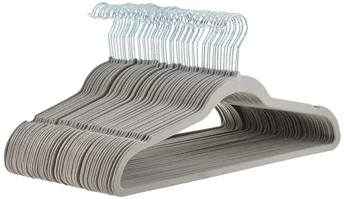 Amazon Basics Paquete de 50 perchas, antideslizantes, delgadas, con acabado de terciopelo, color gris