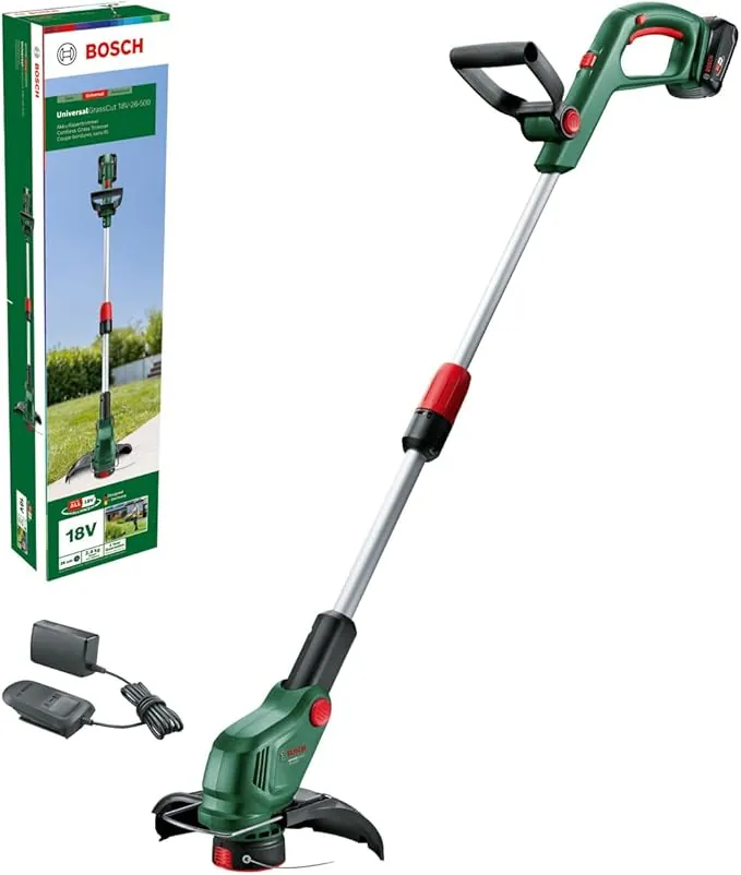 Bosch cortabordes a batería UniversalGrassCut 18V-26-500 (para cortar hierba y recortar bordes; tiempo de carga: 65 min; diámetro de corte: 26 cm; sistema de 18 voltios; con batería y cargador)