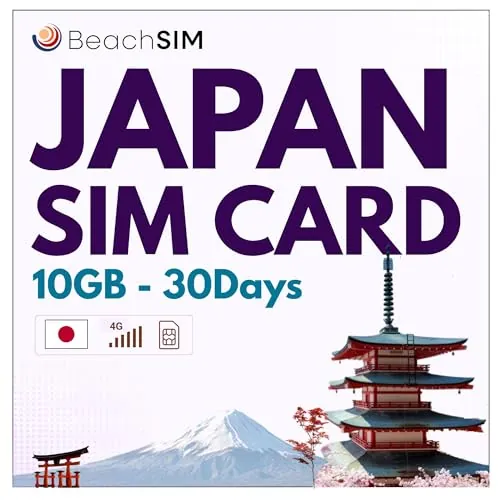 BeachSIM Tarjeta SIM Japón 30 días. 10GB de Datos prepagados a velocidades 4G/5G. Fácil de recargar. Funciona en Dispositivos iOS y Android.