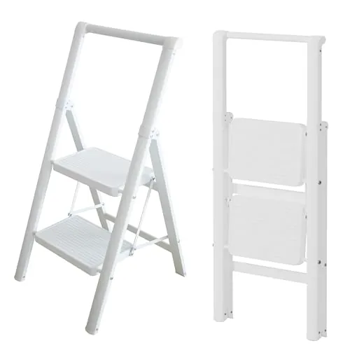 UABA Escalera Plegable 2 peldaños Blanca, Liviana y compacta 5 cm, peldaños Anchos Antideslizantes, certificada EN 131