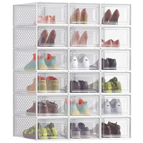SONGMICS Cajas de Zapatos, Plástico, Juego de 18, Plegable, Apilable | Organizador de Zapatos, para Zapatos de hasta Talla 43, Blanco Nube, Colección DENNYS LSP18SWT