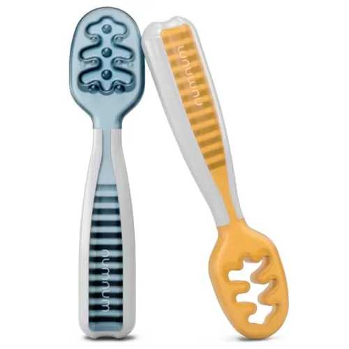 NumNum Precucharas de Aprendizaje Para Bebés, Juego de 2 Cucharas de Silicona (Etapa 1 + Etapa 2), #1 Recomendada por Nutricionistas y Expertos Baby Led Weaning, Ideal Blw, Naranja/Azul