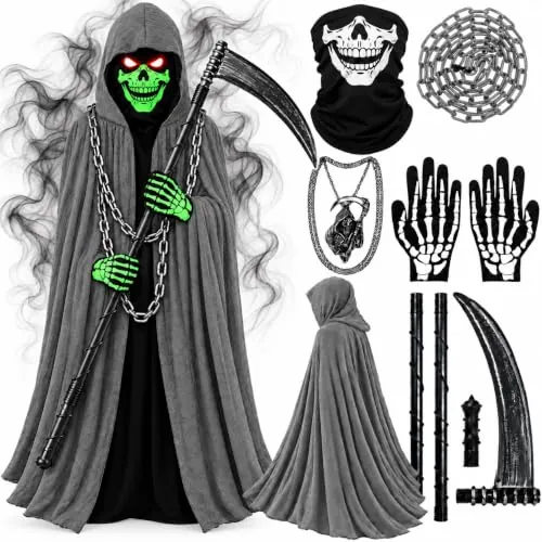 Haozozo Disfraz Halloween Niño, Disfraz Muerte Niño con Capa con Capucha, Máscara de Calavera, Guantes de Esqueleto y Guadaña – Disfraces Halloween Niño de 6 a 12 Años para Truco o Trato y Carnaval