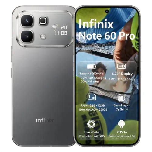 Infinix Note 60 Pro Smartphone 5G 12 GB+256 GB, Procesador Snapdragon 7s Gen4, Pantalla Active‑Matrix Trasera, Carga rápida 90W +30W inalámbrica, Cámara 50MP OIS, Batería 6000 mAh, XOS 16 Android