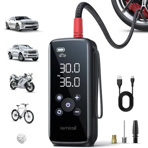 Lamicall Compresor Aire Portatil Coche, Bomba Eléctrica de Bicicleta | [6000 mAh Batería] [Compacto & Portátil] HD LED Pantalla, con 3 Boquillas, 150 PSI Inflador Ruedas para Coche/Moto/Bicicleta
