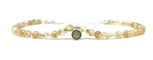 Tobillera de piedra natural cuarzo citrino y plata de ley con dije de labradorita ajustable de 23mm a 26mm