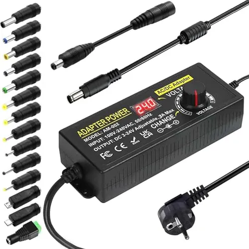 Alimentación Universal, 3V-24V 3A 9W-72W Adaptador de Alimentación AC/DC Ajustable 100V-240V CA a CC con Múltiples Cabezales Convertidores y Pantalla LED de Voltaje