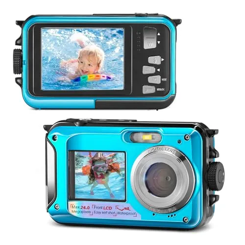 Helangel Cámara de Fotos Impermeable Digital Full HD 2,7 K 24 MP cámara subacuática Zoom Digital 16 x cámara Impermeable con Doble Pantalla para Adolescentes y Estudiantes Principiantes