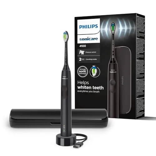 Philips Sonicare 4100 Cepillo dental eléctrico, para adultos, con 1 cabezal de cepillado sónico, W2 Optimal White en negro, estuche de viaje compacto y cargador USB, modelo HX3683/54