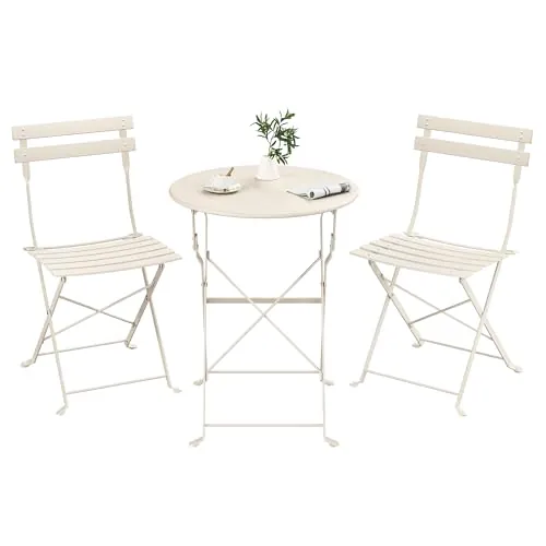 SONGMICS Juego de Jardín de Exterior, 3 Piezas, 2 Sillas y 1 Mesa, Plegable, Salón de Exterior, Acero, Resistente a la Intemperie, para Balcón, Terraza, Beige Capuchino GGF036LZ01