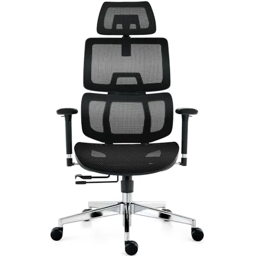 TONFARY Silla de Oficina Ergonómica con Soporte Lumbar, Respaldo y Asiento de Malla Transpirable, Reposabrazos y Cabecera Regulables, Giratoria y Reclinable, Grande y Resistente hasta 150 kg