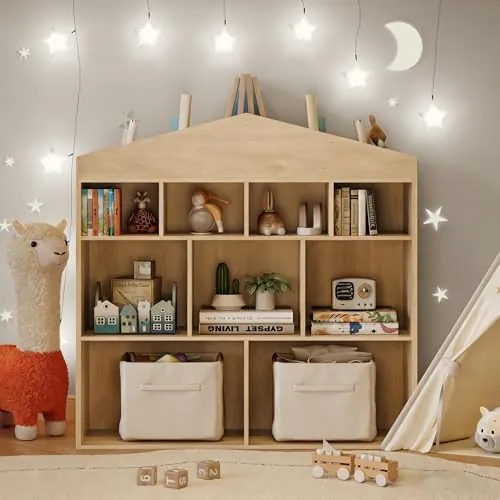 Garvee Estantería Niños Grande - 9 Compartimentos Clasificables - Librería Infantil con diseño en Forma de casa - Espacio Superior para Libros y Adornos - 100 * 30 * 104 CM - Color Vintage