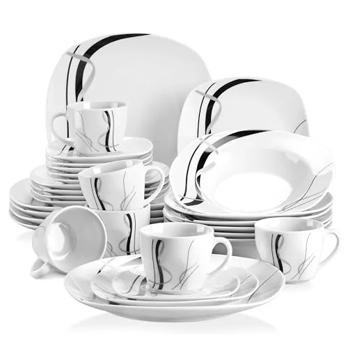 VEWEET FIONA Juego de Vajillas Elegantes 30 Piezas de Porcelana para 6 Personas con Tazas 175 ml, Platillos, Platos Llanos, Platos de Postre y Platos Hondos, Motivo de Líneas Negras y Plateadas