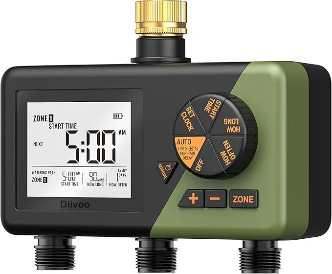 Diivoo Latón Programador Riego 3 Salidas, Temporizador Riego con Gran Pantalla LCD, Retraso por Lluvia, Riego Manual, Programador Riego Automatico para Jardín, Césped