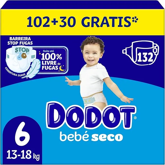 Dodot Pañales Bebé-Seco, Talla 6 (13-18 kg), 132 Pañales + Regalo de 1 Pack de 10 Toallitas Aqua Pure 99% Agua, Una Noche Hasta Un 100% Libre De Fugas, Pack mensual