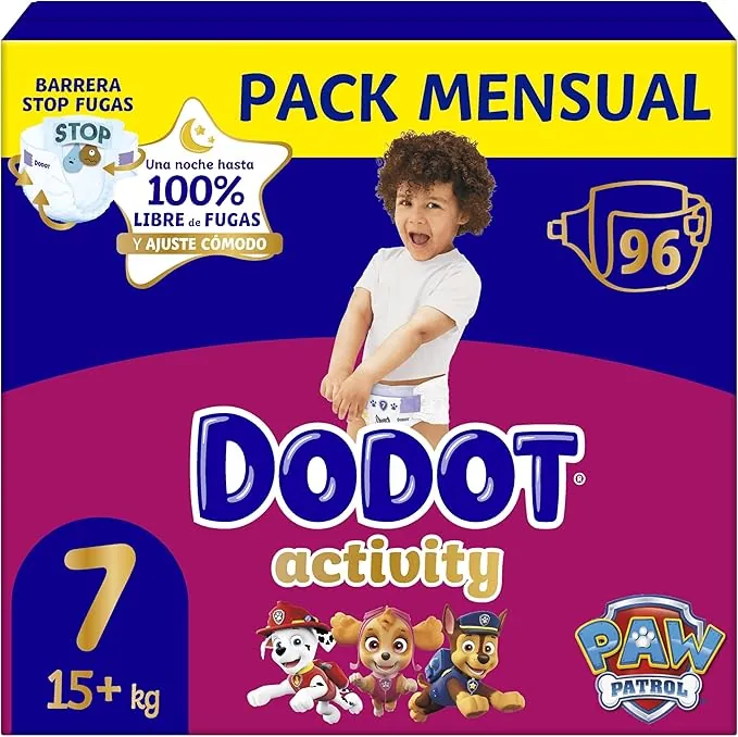 Dodot Pañales Bebé Activity, Talla 7 (15+ kg), 96 Pañales, Hasta 12h de Protección Antifugas y Ajuste, Pack Mensual