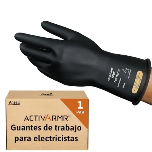 Ansell ActivArmr Guantes Aislantes Dieléctricos, Protección Eléctrica Class 0, Tensión 1000V, Trabajos con Electricidad, Látex de Caucho Natural, 28 cm, Negro, Talla XL, 1 Par