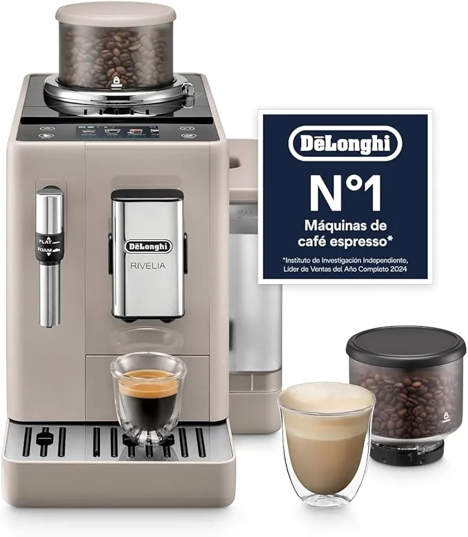 De’Longhi Rivelia – Perfetto Cafetera Superautomática, Espumador de Leche manual, 8 Bebidas One-Touch, Pantalla Táctil a Color, Depósitos de Granos de Café Intercambiables, Beige (EXAM440.35.BG)
