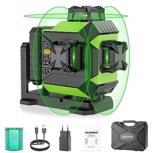 Huepar Nivel Laser Autonivelante 360 grados, 12 Líneas Cruzada con Función de Autonivelación y Pulso, 3D Nivelador Láser 30M, Batería de litio, CableType-C, Base Magnética, Estuche Rígido