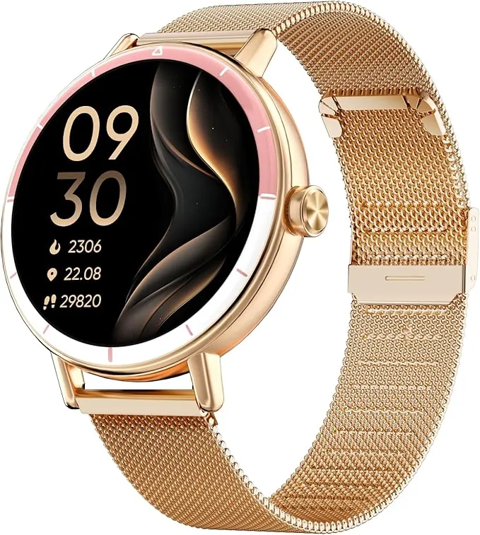 TOOBUR Reloj Inteligente Mujer Redondo con Dos Correas, 40 mm Smartwatch Deportivo Que Cuenta Pasos y Calorías, Compatible con Android e iOS, Responder y Realizar Llamadas, IP68 Impermeable, Oro Rosa