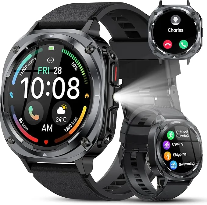 Reloj Inteligente Hombre Militar, 1.45" HD Smartwatch Hombre con Llamadas BT 5.3, 114+ Modos Deportivos, Monitor de Sueño/Podómetro/Pulsómetro, IP68 Impermeable Pulsera Actividad para Android iOS