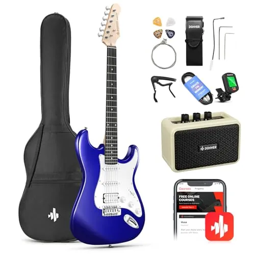 Donner Kit de Guitarra Eléctrica Stratocaster de Tamaño Completo con amplificador, bolsa, capo, correa, cuerda, sintonizador, cable y púas (Azul, DST-102L)
