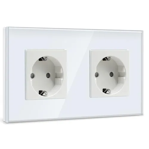 BSEED Enchufe de Pared Doble,Schuko Enchufe Doble con Panel de Cristal Blanco,16A 250V Toma de Corriente,Enchufes de Extensión para Cocina,Dormitorio,Oficina,Hotel,etc