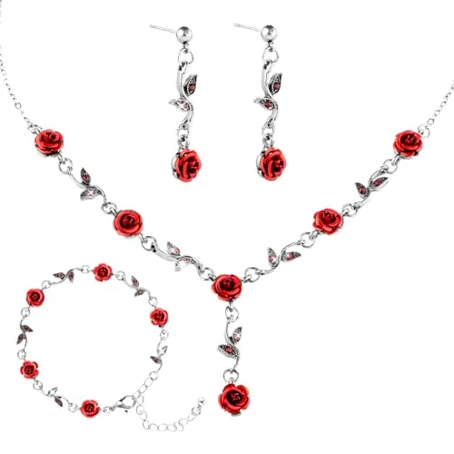 Yolev Conjunto de Joyas de Rosa Roja para Mujer Joyería Nupcial de Boda con Colgante Collar Pulsera Pendientes Conjunto de Joyas de Oro Rosa Vintage Joyería para Boda para Niñas Mujeres (Plata)