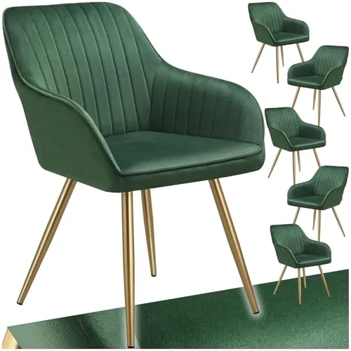 tectake® Silla de Comedor con Tapizado Aterciopelado Acolchado, Silla de Cocina Elegante y Moderna, Patas de Acero, Fácil Limpieza, Ideal Silla Salón, Tocador, Dormitorio - 6 sillas Verde Oscuro/Oro