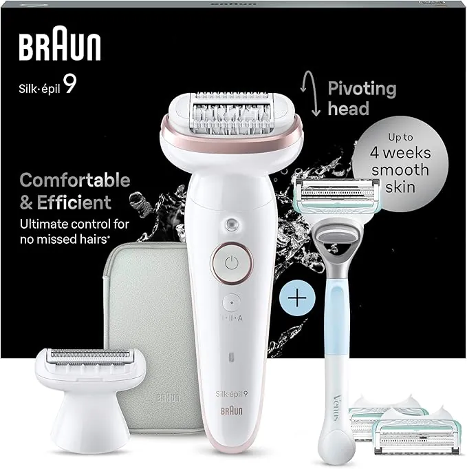 Braun Depiladora Eléctrica Mujer Silk·épil 9 + Maquinilla Venus para Zona Íntima, Resistente al Agua, Depiladora Corporal con Peine Recortador Y Funda, Depilación Suave Duradera, 9-130 Blanco/Flamenco