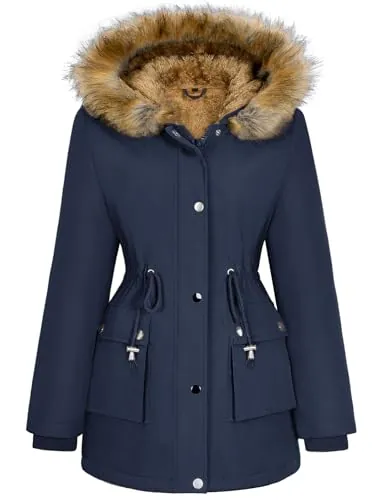 Lonya Chaqueta Mujer Invierno Abrigo Repelente al agua Larga Parka con Capucha Cremallera Forro Polar Térmica Hooded Jacket Azul Marino,L
